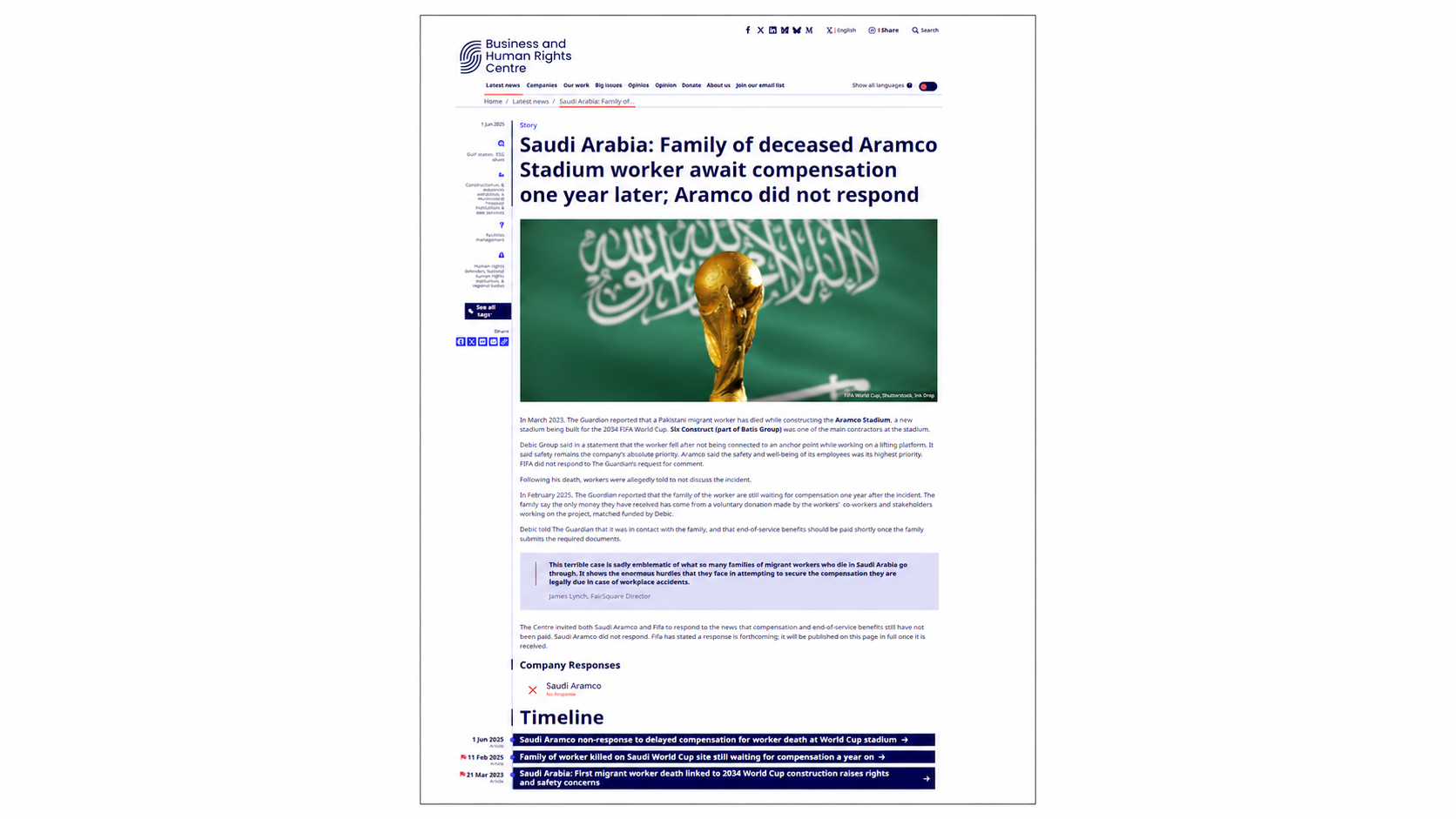 UK-Based Organisation Launches Timeline Tracking the Case of Pakistani Worker Who Died at Aramco Stadium Project